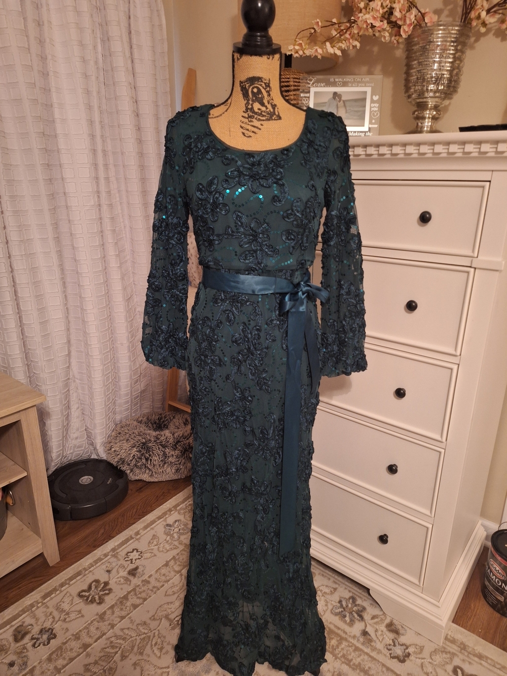 R & M Richards Teal Floral Sequin Long Sleeve Maxi Gown with Satin Tie